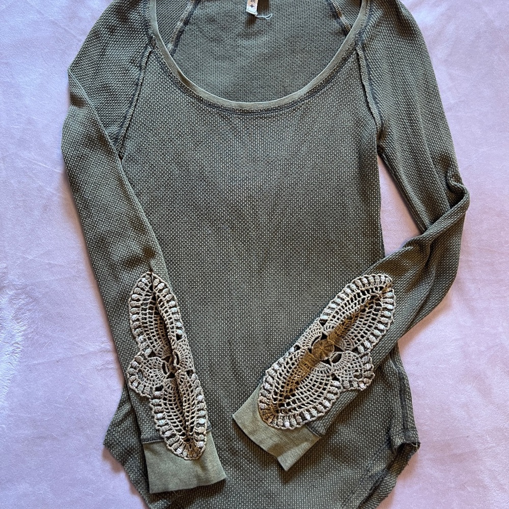 Free People Olive Lace Sleeve Long Top